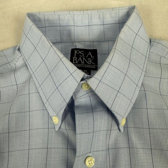 Jos A Bank Travelers Collection Mens Checkered Long Sleeve Shirt Size 16 Blue - Picture 4 of 6